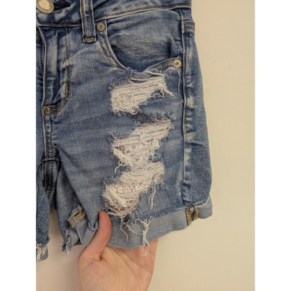 American Eagle Midi Shorts Distressed Crochet Lace Denim Boho Medium Wash 4 - Picture 3 of 6